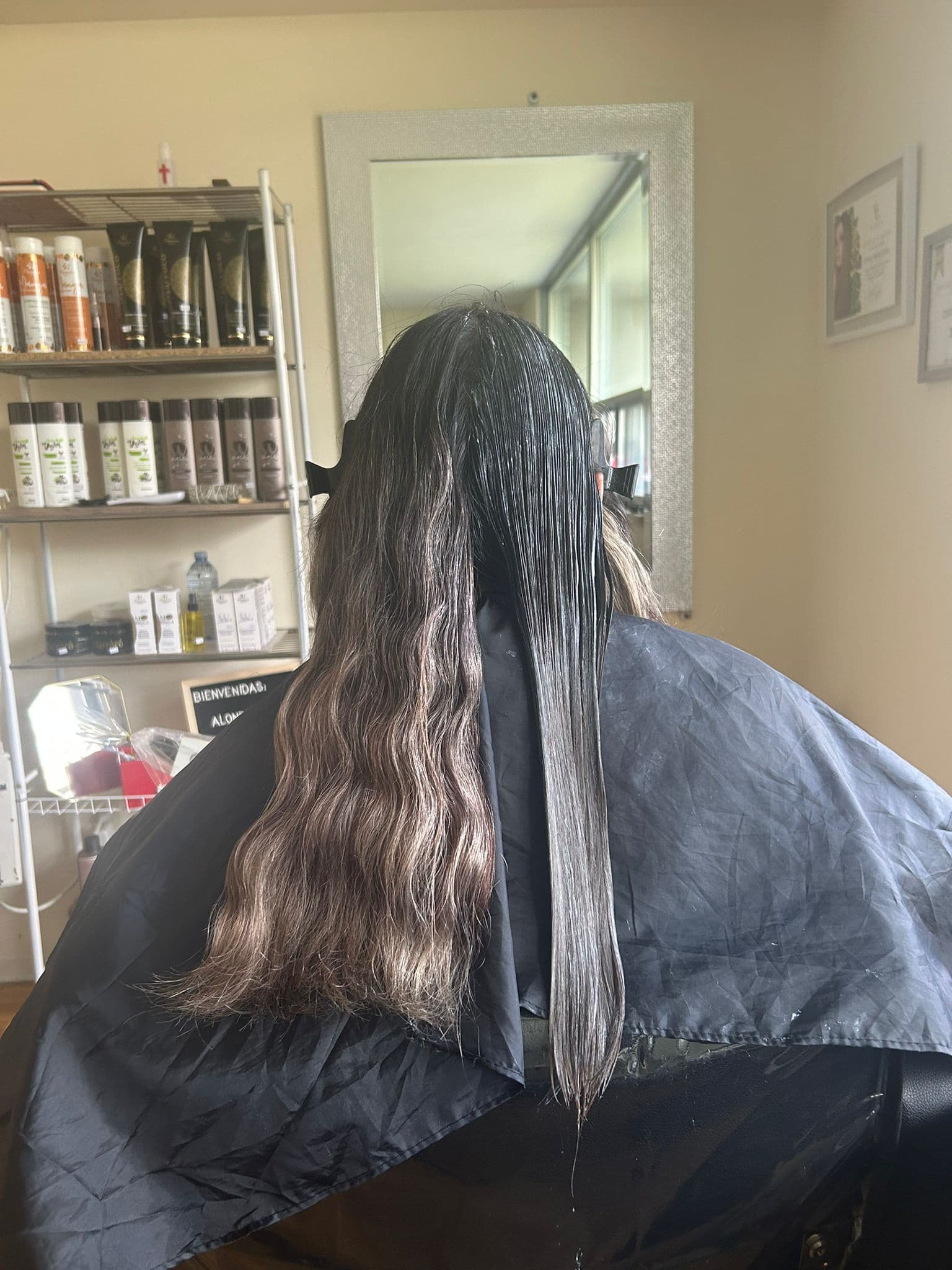 Cabello cuidadosamente seccionado durante una cita de Botox Capilar en el estudio Aura