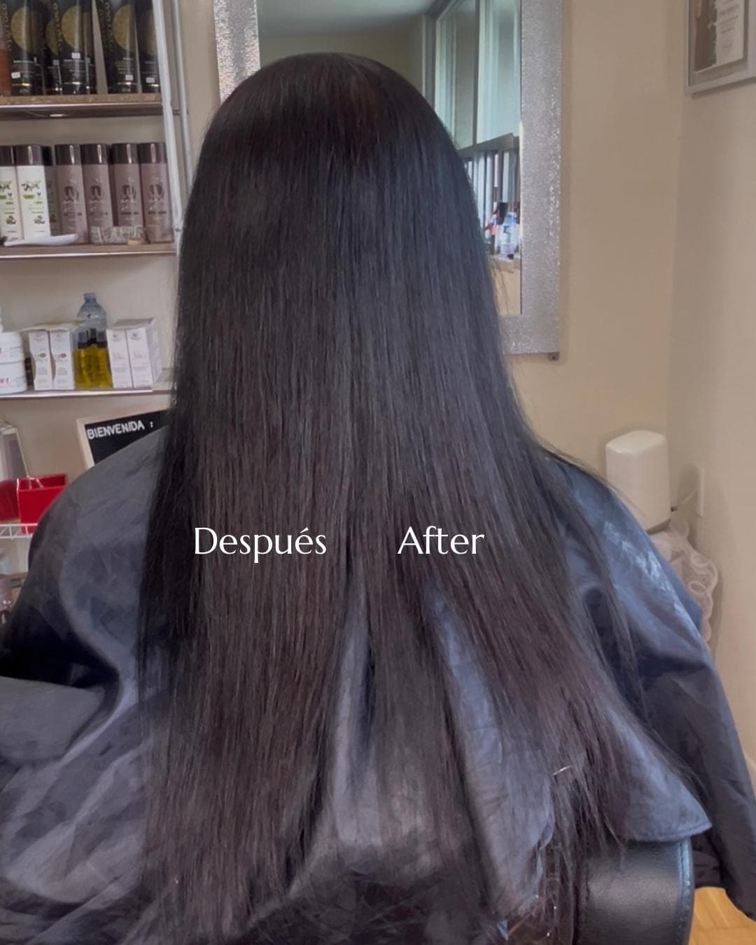 Cabello largo, oscuro y liso fotografiado desde atrás con el texto Después visible
