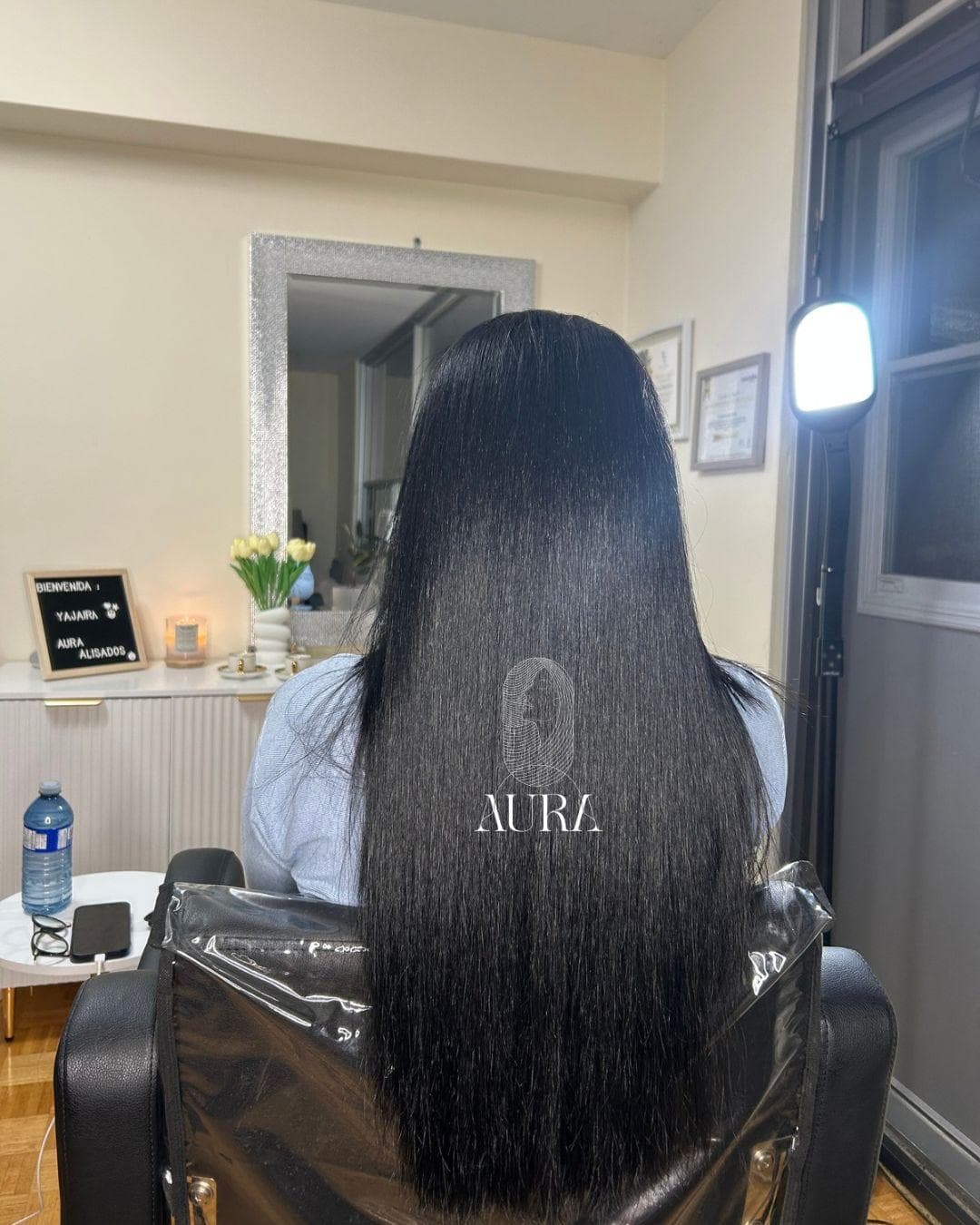 Finished Nanoplasty result: long, glossy straight hair in the Aura private studio